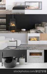 Vertical collage with beautiful and modern fireplaces. Luxury gas, electric, wood burning fireplaces. Contemporary style interior design. Burning fire. Cosy, relaxed atmosphere. 3D render. Vertical collage with beautiful and modern fireplaces. Luxury gas, electric, wood burning fireplaces. Contemporary style interior design. Burning fire. Cosy, relaxed atmosphere. 3D render.