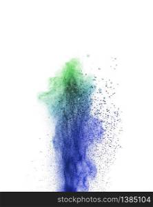 Vertical colorful powder splash or explosion in green and blue colors on a white background, copy space.. Abstract multicolored vertical powder explosion on a white background.