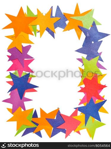 vertical frame from paper stars with cut out canvas isolated on white background