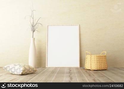 Vertical frame mockup standing on wooden floor in living room interior with dried plant, woven basket and pillow on concrete wall background. 3d illustration