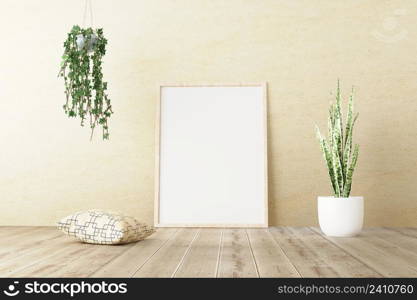 Vertical frame mockup standing on wooden floor in living room interior with green plants, ceramic pots and pillow on concrete wall background. 3d illustration