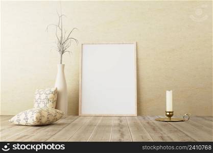 Vertical frame mockup standing on wooden floor in living room interior with dried plant on ceramic jug, candle and pillow on concrete wall background. 3d render