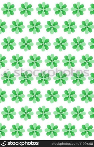 Vertical holiday background from green natural clover plant with four petals handmade from colored paper on a white background. Happy St.Patrick &rsquo;s Day concept.. St.Patrick &rsquo;s Day creative background from clover&rsquo;s leaves.