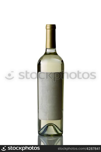 Vertical image of an unopened bottle of white wine isolated over white background with reflection