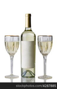 Vertical image of an unopened bottle of white wine, with drinking glasses, isolated over white background with reflection