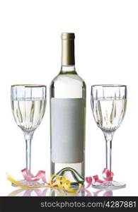 Vertical image of an unopened bottle of white wine, with filled glasses and party ribbons, isolated over white background with reflection