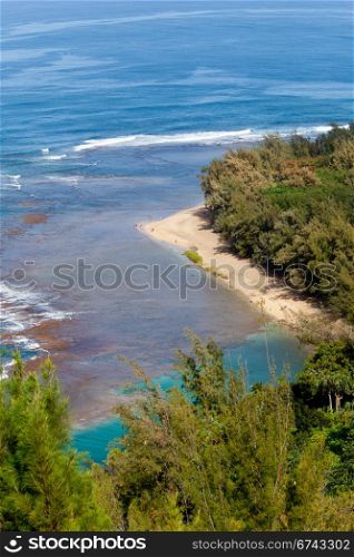 Vertical image of Kee beach from Kalalau trail on Na Pali coast of Kauai