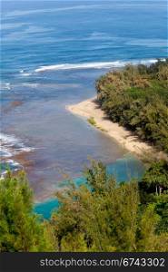 Vertical image of Kee beach from Kalalau trail on Na Pali coast of Kauai