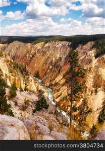 Vertical image of river running through the Yellowstone canyon during a beautiful summer day surrounded by pine trees and blue sky with clouds