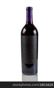 Vertical image of single unopened red wine bottle on white with reflection