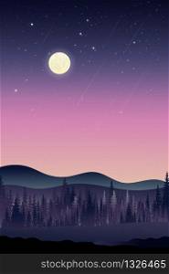 Vertical landscape with shining stars and comet falling over misty pine trees in forest, Shooting star background against dark blue and pink starry night sky,Natural background concept