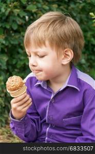 Vertical photo of blond boy are eating icecream in summer