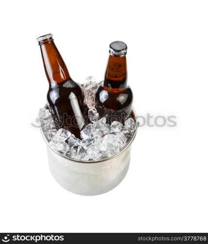 Vertical photo of glass bottled beer in stainless steel bucket of ice isolated on white