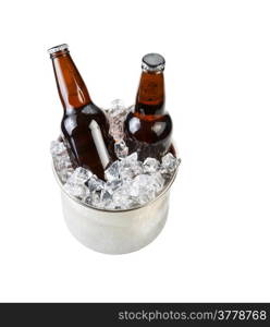 Vertical photo of glass bottled beer in stainless steel bucket of ice isolated on white