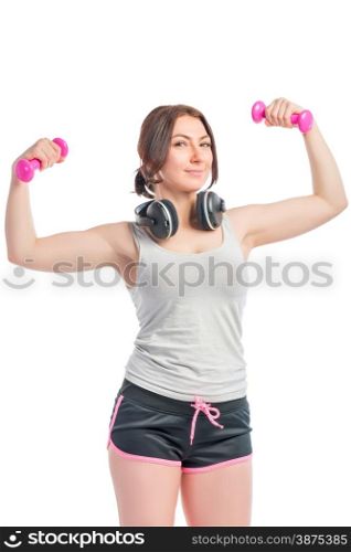 Vertical picture fitness instructor with dumbbells and headphones