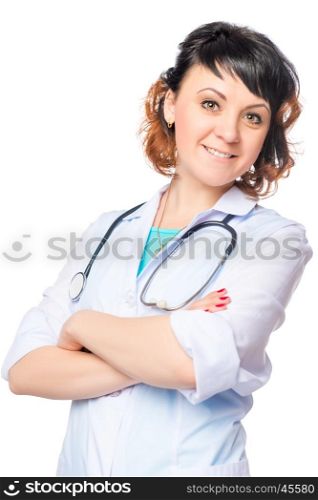 Vertical portrait of a beautiful doctor on the white background isolated