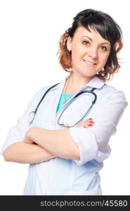 Vertical portrait of a beautiful doctor on the white background isolated