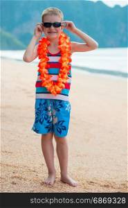 Vertical portrait of a boy in floral lei on a Hawaiian beach
