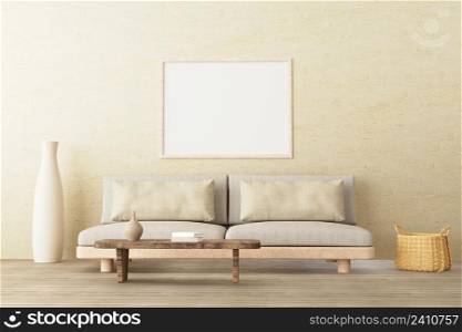 Vertical poster mockup in neutral style interior living room with low sofa, ceramic jug, side table, wicker basket and books on empty concrete wall background. 3d render.