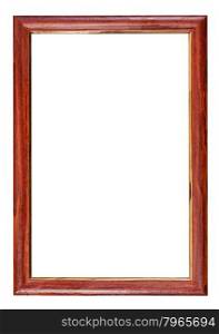vertical red brown wooden picture frame with cut out blank space isolated on white background