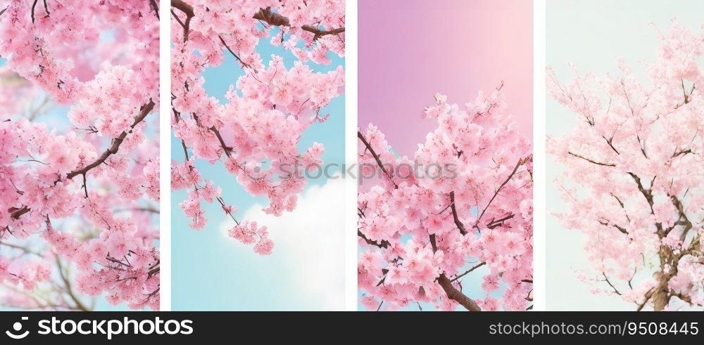 Vertical Sakura Flower Banners  White and Pink Blossoms Set for Stunning Spring Nature Backgrounds. Generative AI.