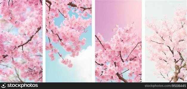 Vertical Sakura Flower Banners  White and Pink Blossoms Set for Stunning Spring Nature Backgrounds. Generative AI.