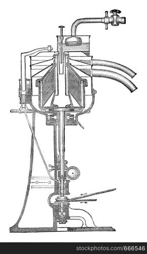 Vertical section of the Alfa Laval centrifugal ecremeuse, vintage engraved illustration. Industrial encyclopedia E.-O. Lami - 1875.