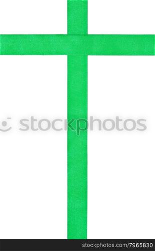 vertical set - two crossing green satin ribbons isolated on white background