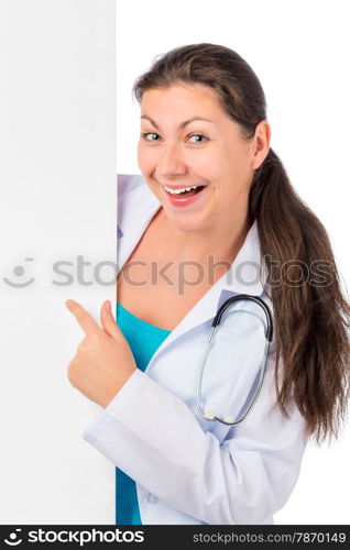 Vertical shot cheerful doctor with a blank for inscriptions