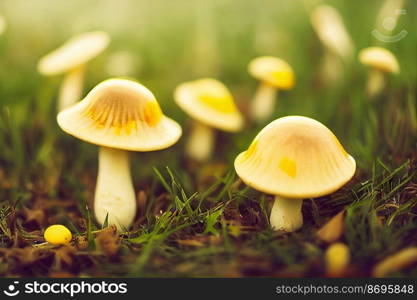 Vertical shot of a fresh cute little mushrooms in the forest 3d illustrated