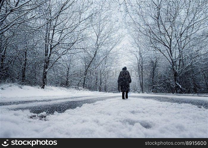 Vertical shot of a man goes to forest at winter, snowy forest with mystic design