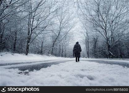 Vertical shot of a man goes to forest at winter, snowy forest with mystic design