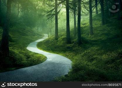 Vertical shot of a peaceful untouched forest with road 3d illustrated
