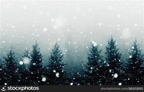 Vertical shot of a untouched  forest at winter with fog 3d illustrated