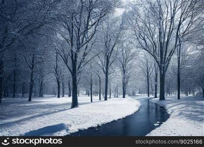 Vertical shot of beautiful forest in winter with cute little water way