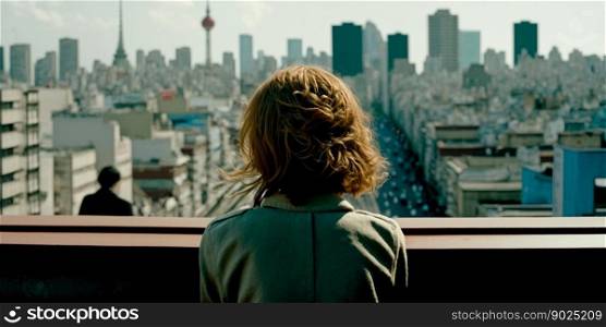 Vertical shot of blonde haired 30 years old woman at rooftop looking at crowded Tokyo city japan