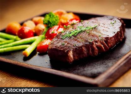 Vertical shot of cooked delicious beef with tomato and vegetables 3d illustrated