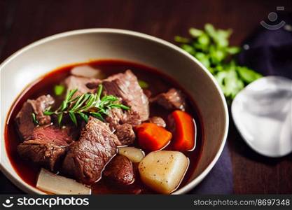 Vertical shot of delicious beef stew in elegant bowl with vegetables 3d illustrated