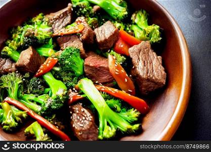 Vertical shot of delicious beef with broccoli 3d illustrated