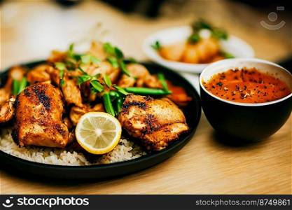 Vertical shot of delicious black pepper chicken 3d illustrated