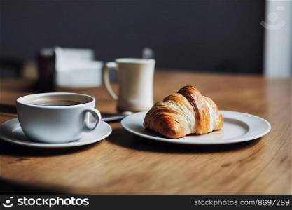 Vertical shot of Delicious breakfast croissant with cup of coffee 3d illustrated