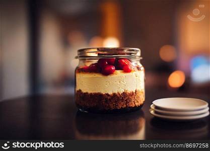 Vertical shot of Delicious Cheesecake in jar artistic design 3d illustrated