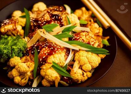 Vertical shot of delicious general tso cauliflower 3d illustrated