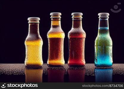 Vertical shot of delicious glass bottles with different flavored drinks 3d illustrated