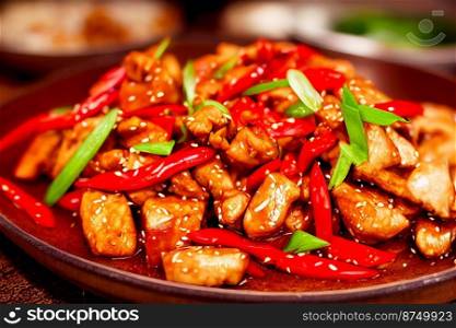 Vertical shot of delicious kung pao chicken 3d illustrated