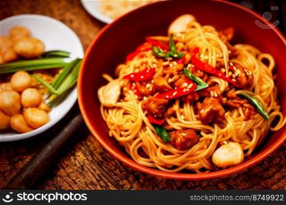 Vertical shot of delicious kung pao spaghetti 3d illustrated