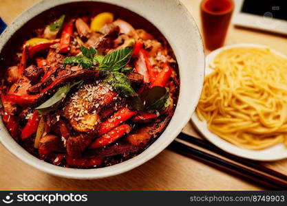 Vertical shot of delicious lomo saltado 3d illustrated