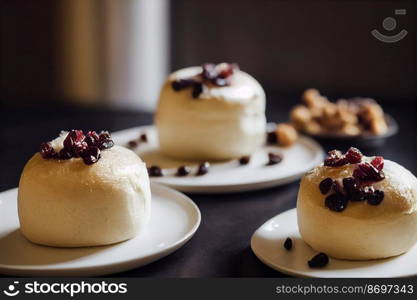 Vertical shot of delicious Quark buns with raisins 3d illustrated