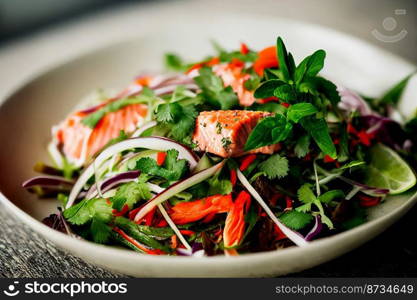 Vertical shot of delicious salmon with Thai style salad 3d illustrated