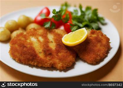 Vertical shot of Delicious Schnitzel breaded veal with vegetable dressing 3d illustrated